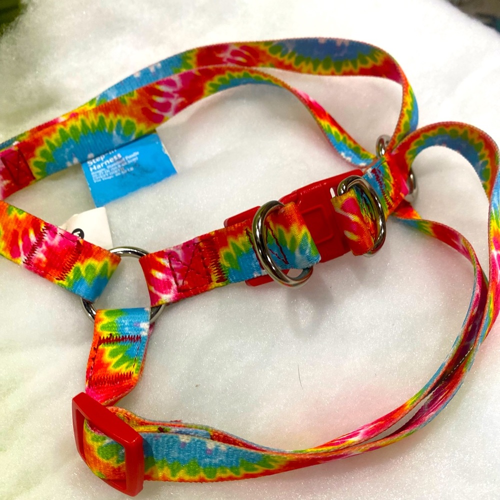 Bright rainbow tye-dyed dog harness size M